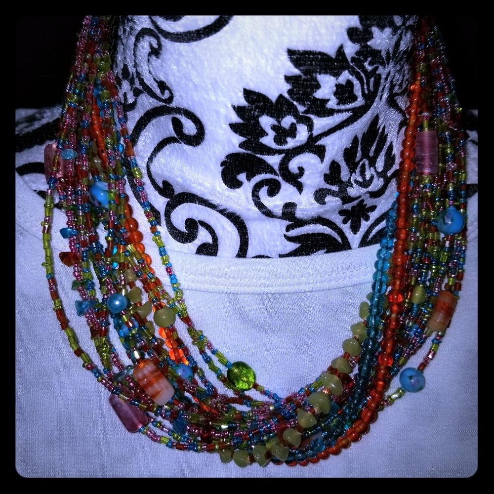 Multicolor multi strand bead necklace